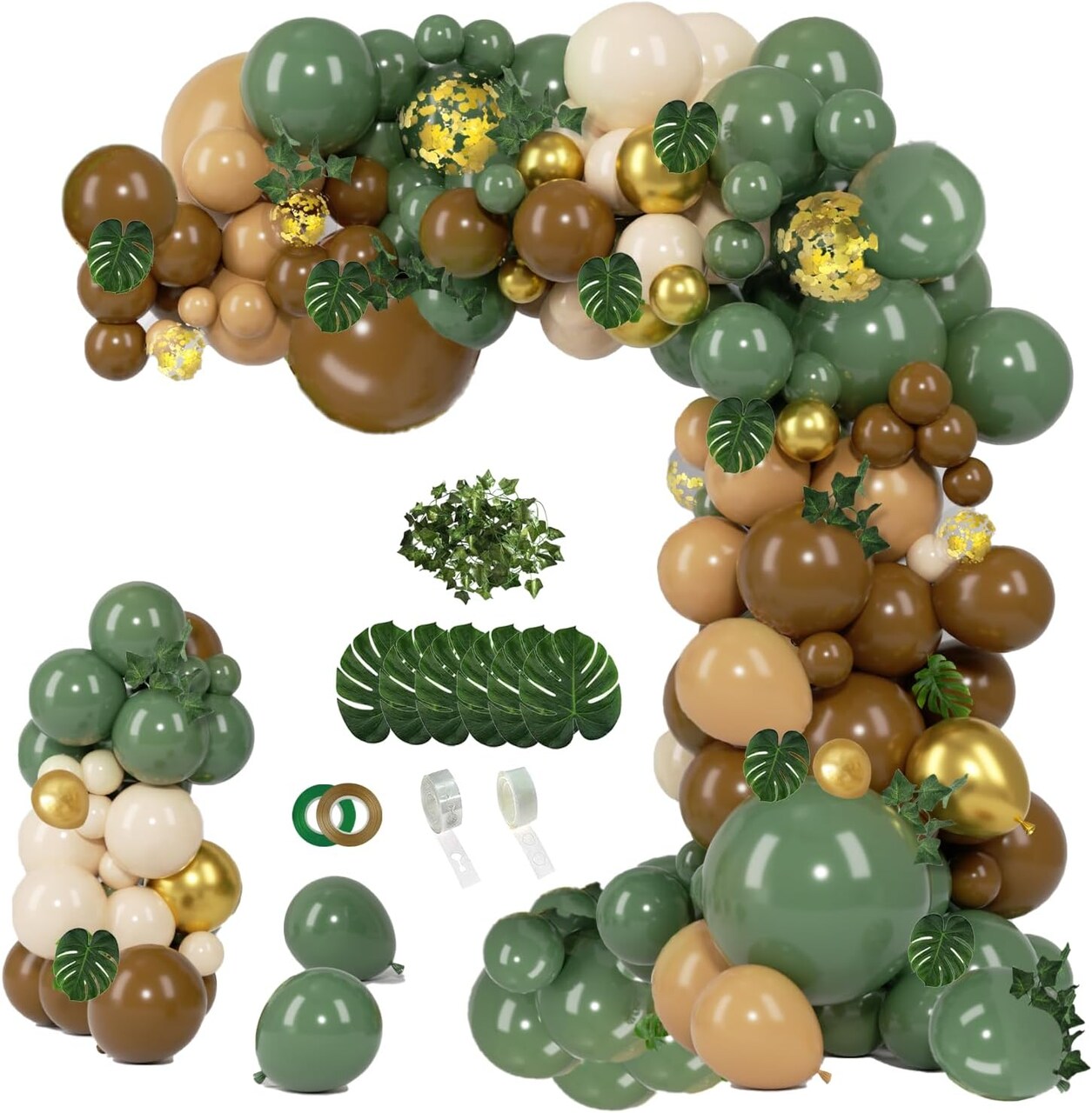 140 pcs Jungle Safari Balloon Garland Kit, Sage Green Brown Safari Wild One Balloon Arch with Animal Print Balloons Palm Leaves for Party Decorations